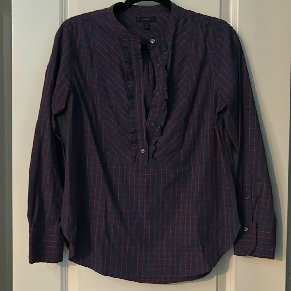 J. Crew Dark Blue Blouse with Red Accents